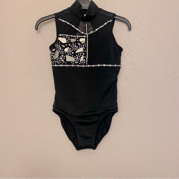 WEISSMAN Dance solo custom black rhinestone Caged Mock Neck Leotard 14591 MC - Picture 2 of 12